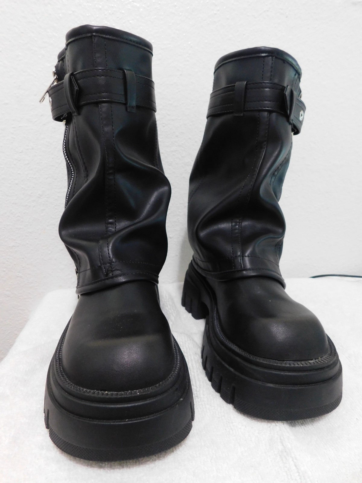 Platform Mid-Calf Boots Buckle Square Toe Side Zip Square Heel Shoe Gothic Biker