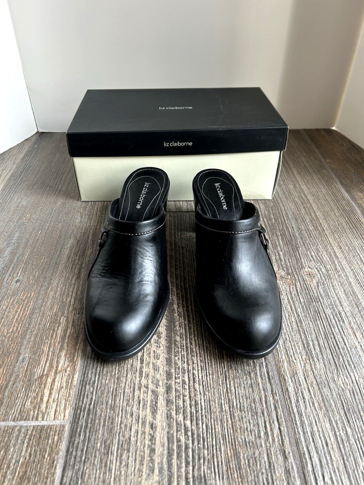 NIB Vintage Liz Claiborne «Wheeler» Sz 8M Black Leather Slip On Mule 2.5 » Heel
