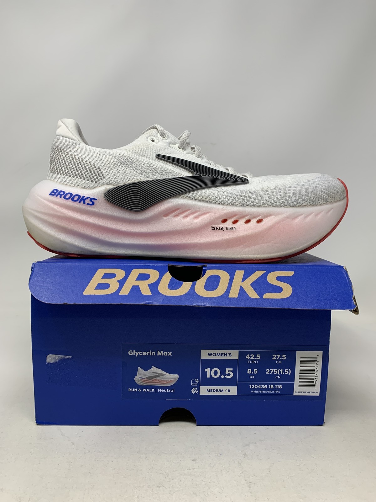 Women’s Brooks Glycerin Max, White/Black/Diva Pink, 10.5 B Medium US