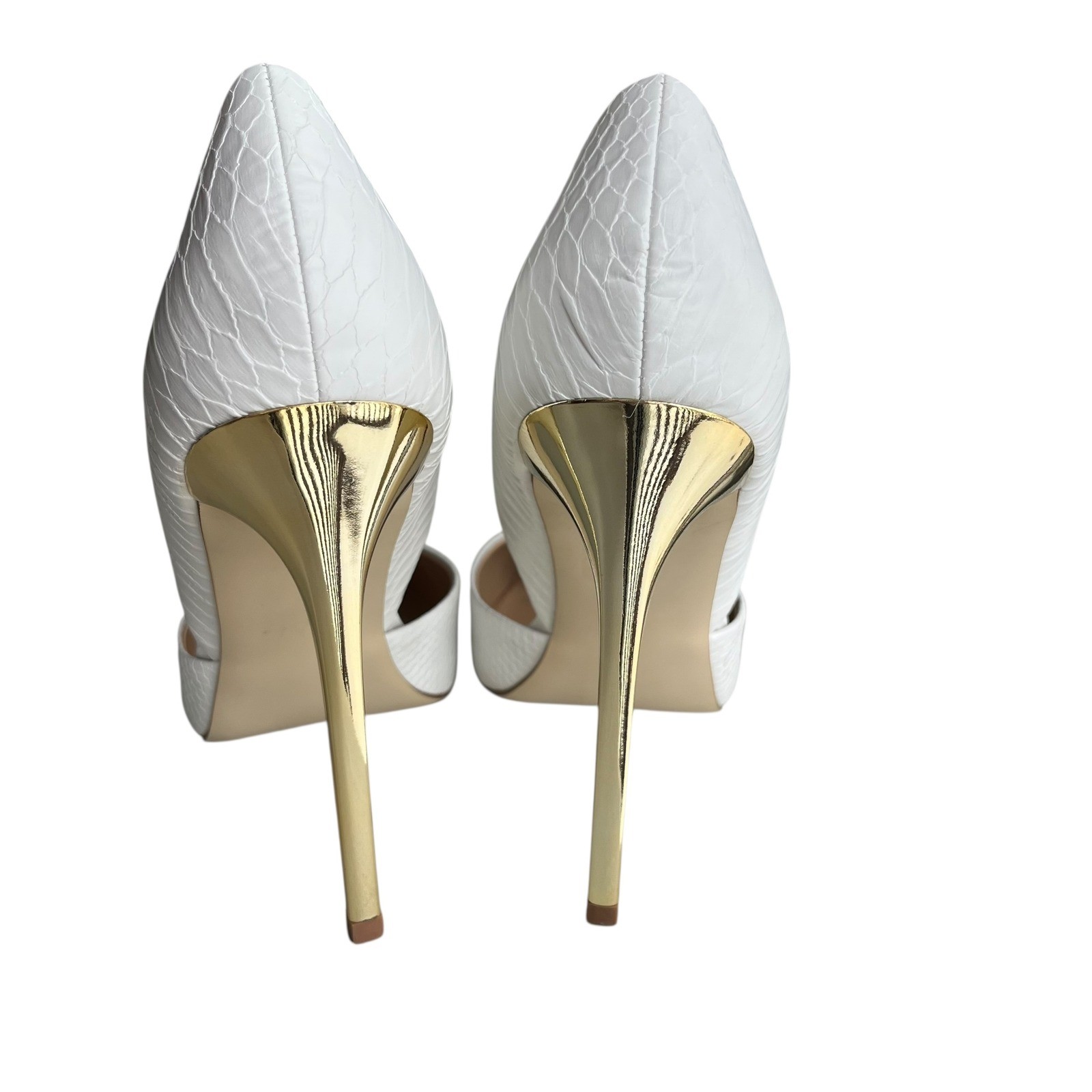 JUST FAB Women 9.5 White Gold Embossed Snakeskin Pointed Toe D’orsay Monika Heel