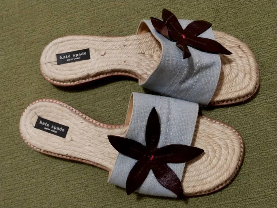 Kate Spade Women’s Blue Floral Raffia Insole Slide Sandals 37/6.5 Made in Spain