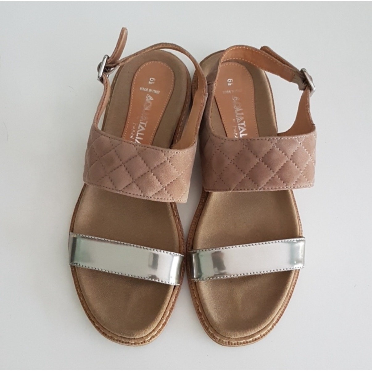 Aquatalia Suede Metallic Whistler Strappy Sandals 6.5 Nude Tan Silver Summer