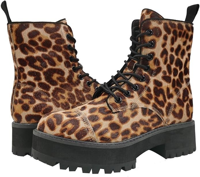 FARYL by Farylrobin Z24106* Womens Leopard Calf Hair Cammy Combat Boots Size 12M