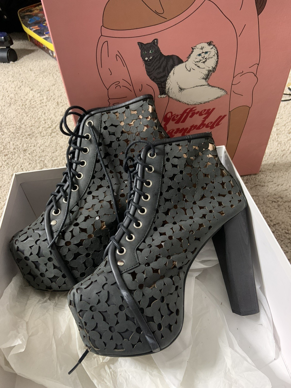 JEFFERY CAMPBELL black Leather Lita Daisy Cut Out Lace Up Platform Heeled Boots