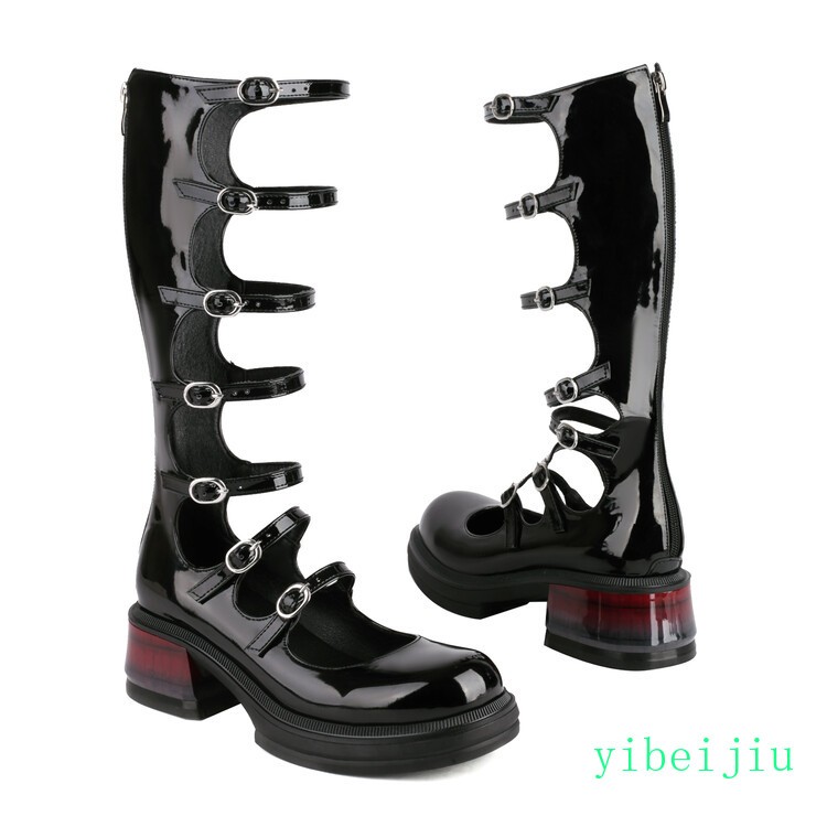 2025 Women’s Platform Low Cuban Heel Multi Buckles Knee High Mary Janes Shoes OL