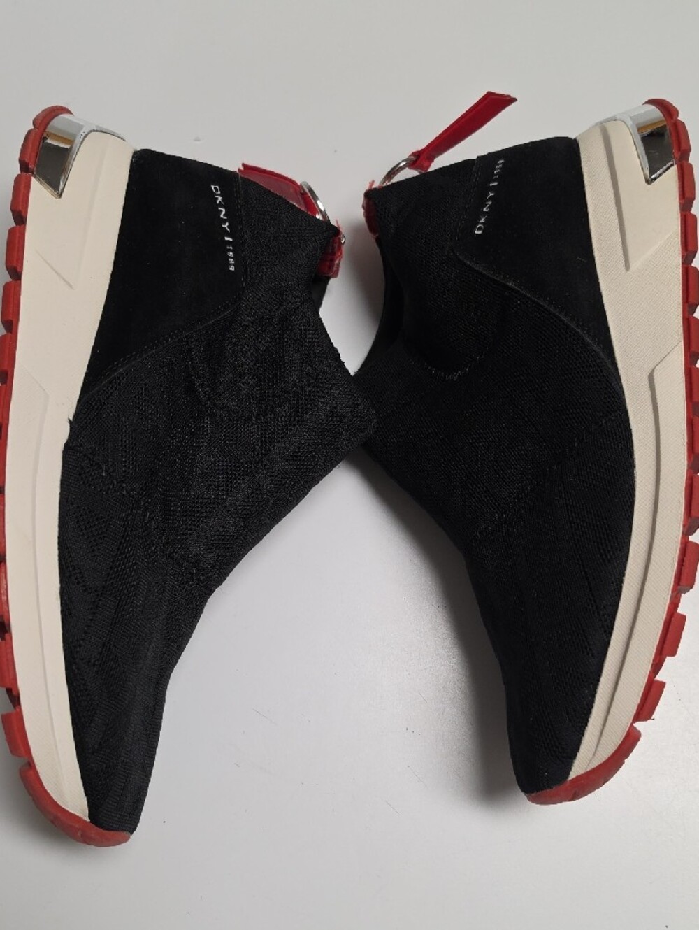 DKNY Mylo Knit Sock Slip-On Sneakers – Black/Red Zipper Accent – Size 11