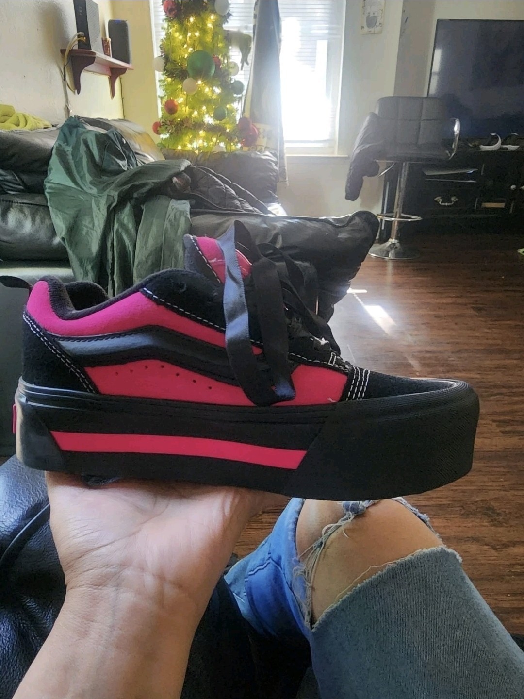 Vans Knu Stack platform sneakers in a black and fuchsia pink