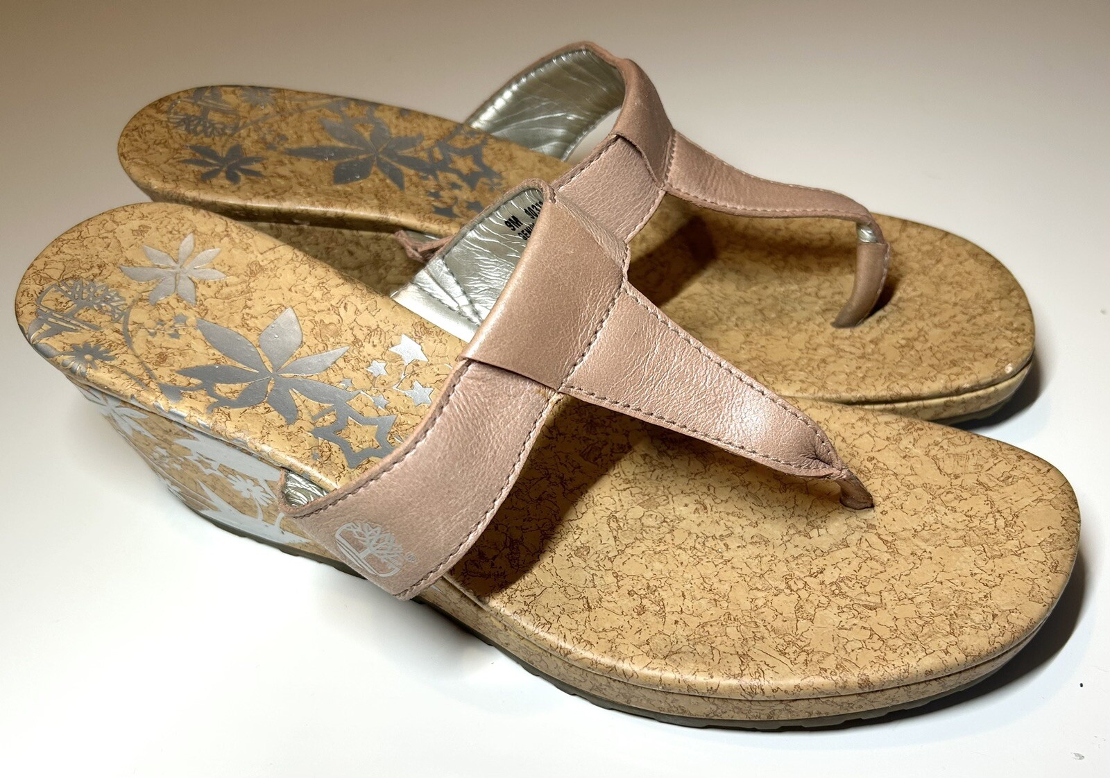 TIMBERLAND Cork Wedge Flip Flop SIZE 9 Tan Leather Thong Slip On Sandal Floral