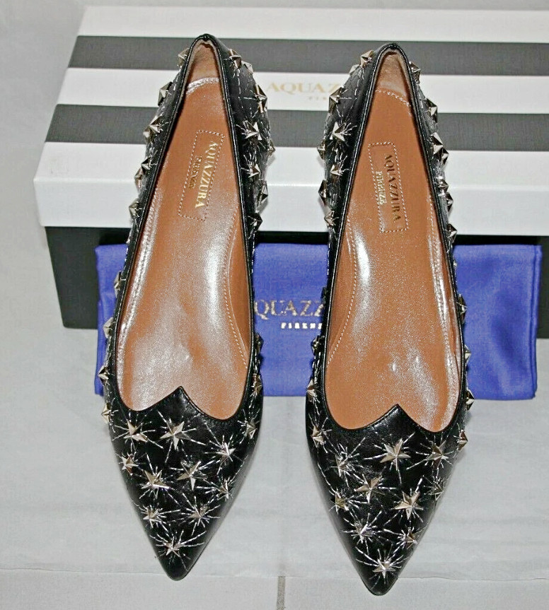 AQUAZZURA Cosmic Star Pointy Toe Flats in Black Silver sz US 6 – IT 36