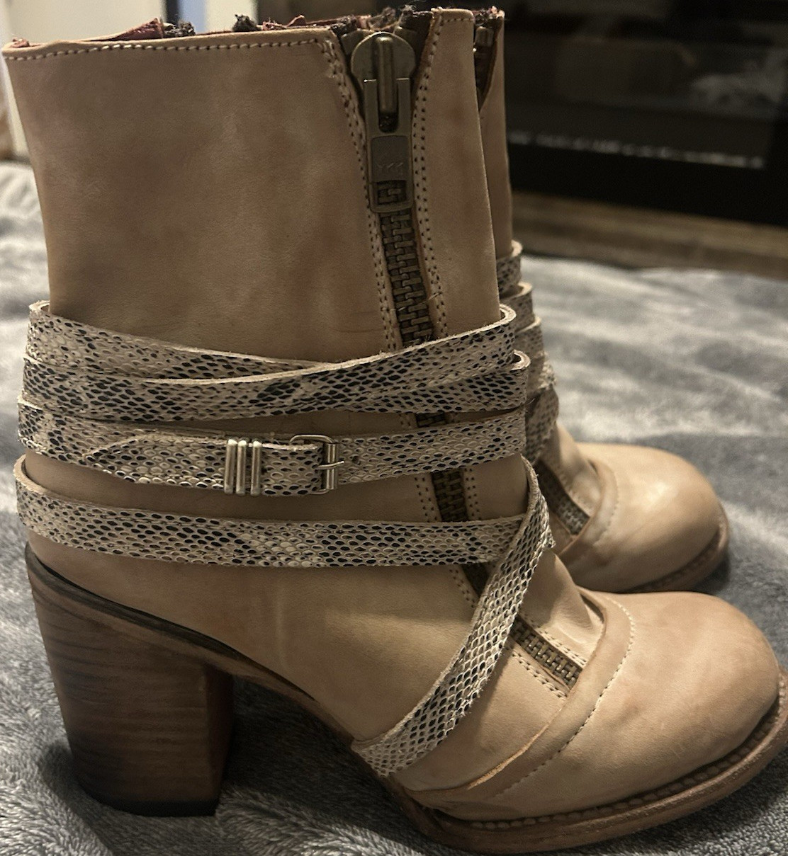Beige Ankle Bootie – Straps Buckle Zip Block Heel Leather Round Toe Women