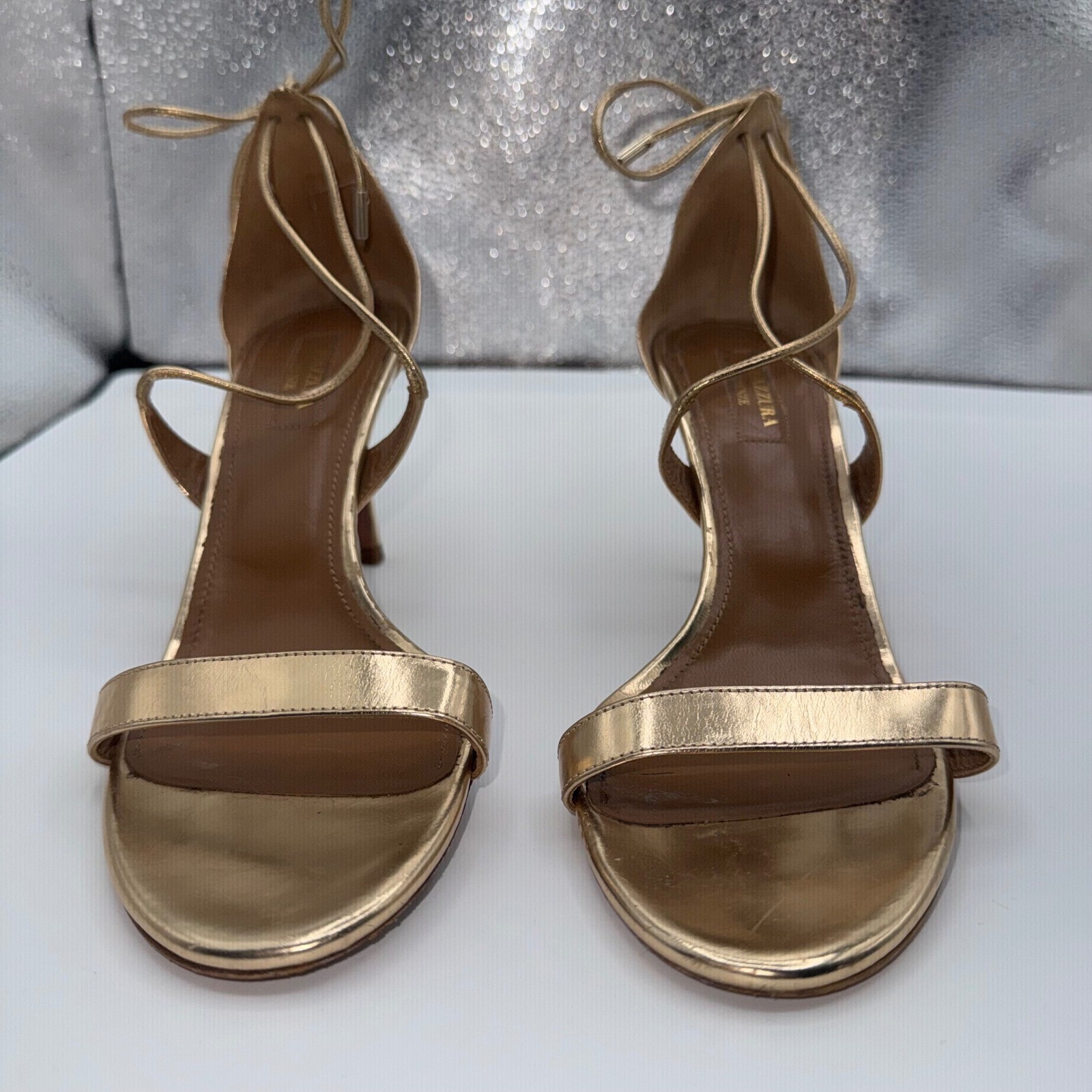 Aquazzura Women’s 7.5 US 38 Linda 105 Gold Metallic Leather Wrap Ankle Tie Heels