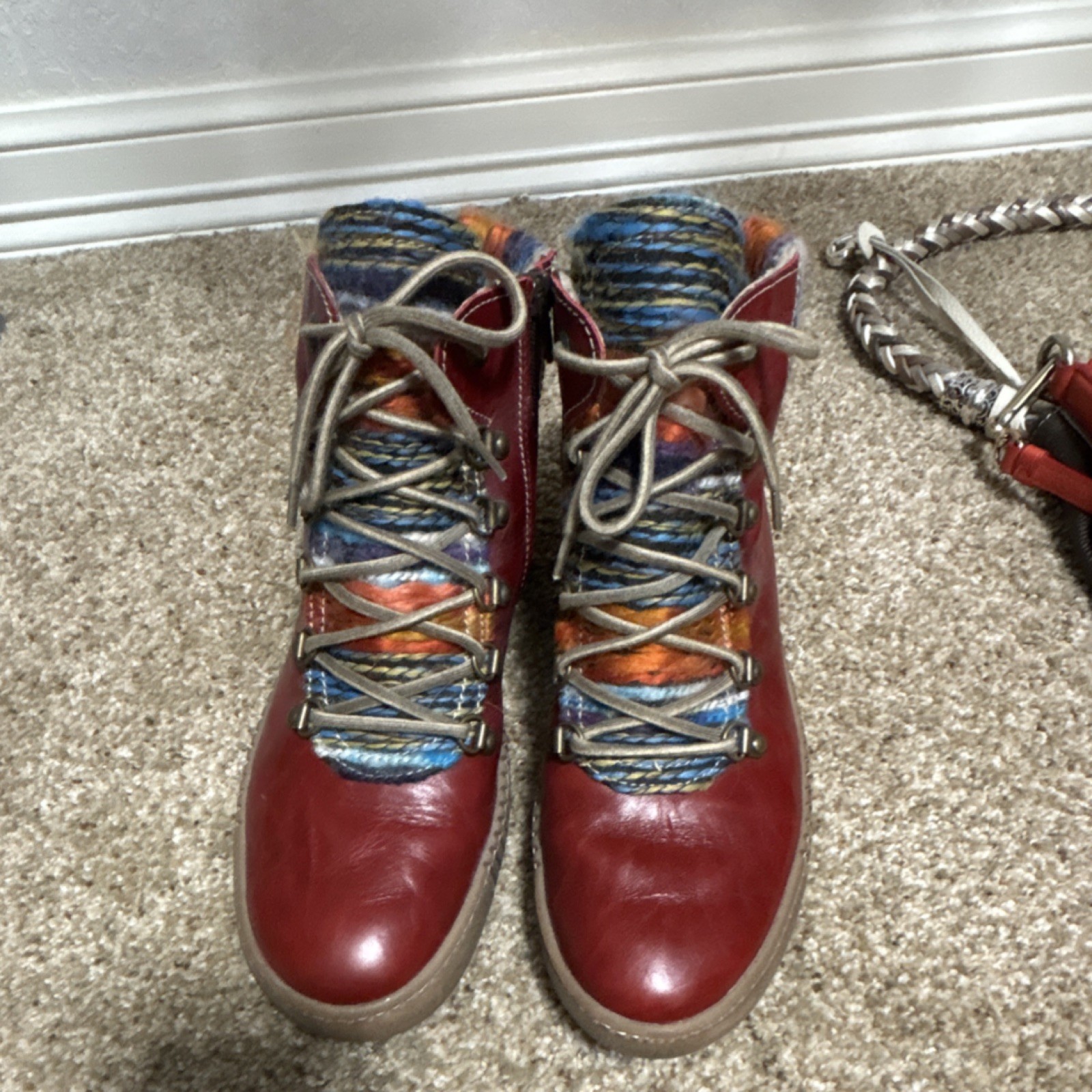 Red Multicolor Women’s Lace Up Ankle Combat Boots Flat Round Toe