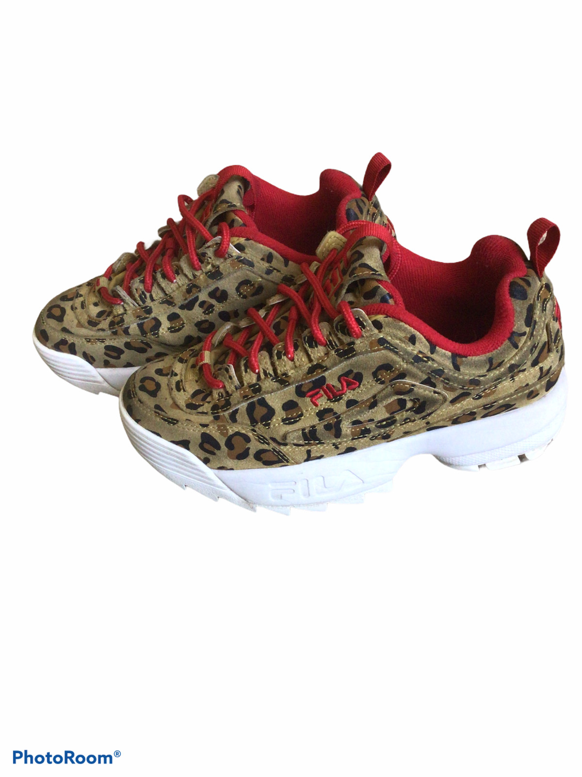 FILA Disruptor 2. YOUTH Size 4 Leopard print & Red Lace up leather/synthetic