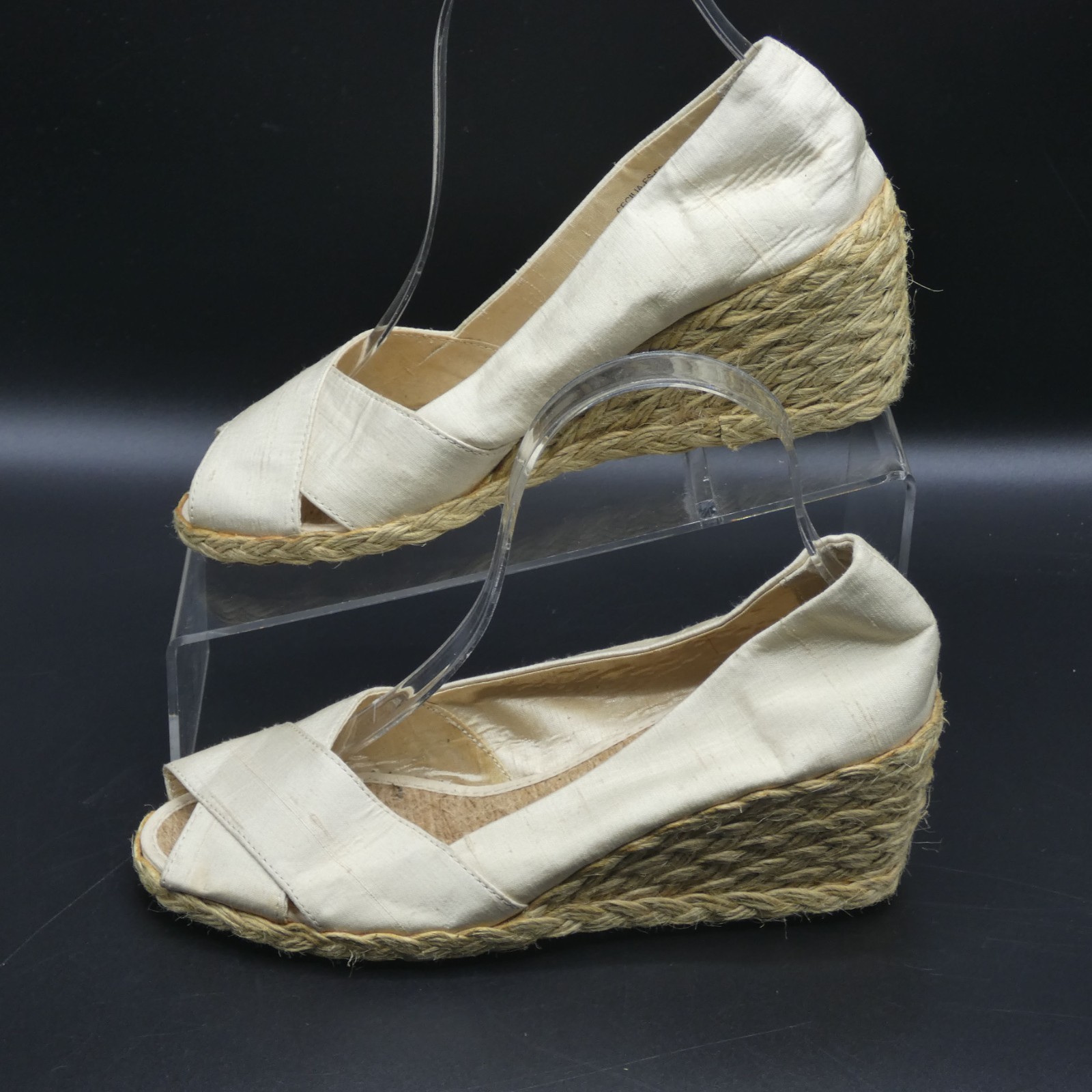 Lauren Ralph Lauren Cecilia Tan Beige Shantung Peep Toe Espadrille Wedge Size 7