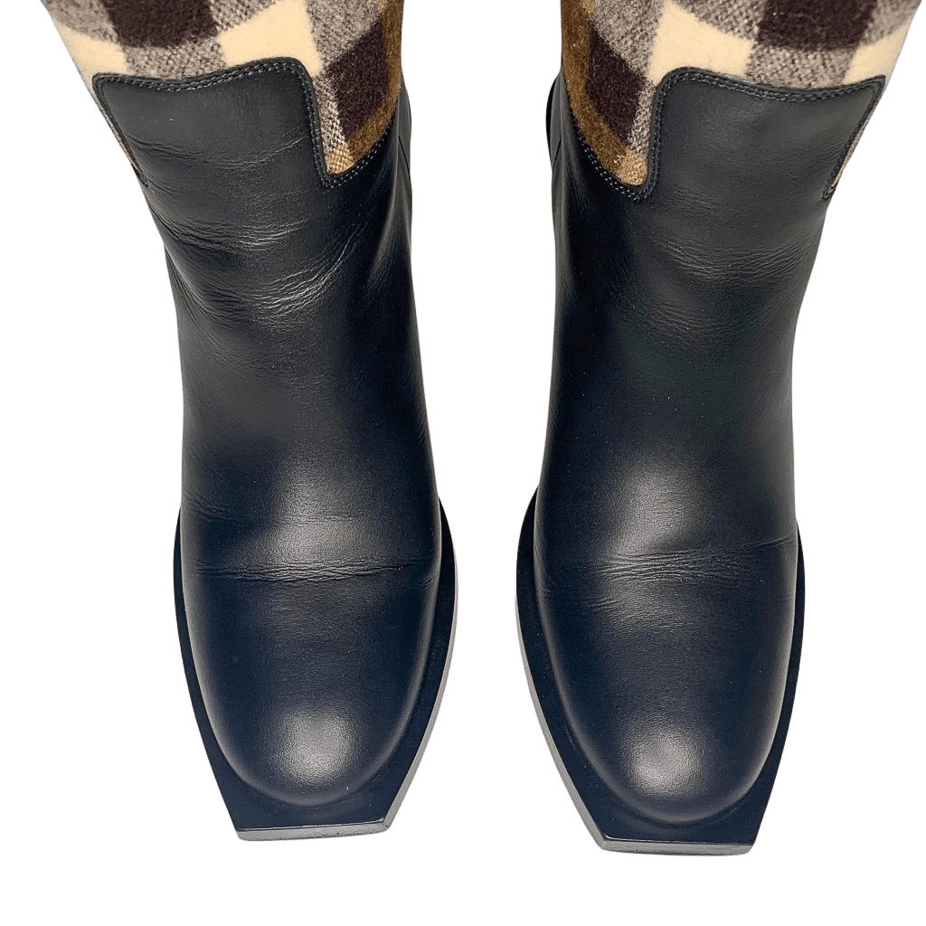 Burberry Danielle Low Calf Nova Check Heeled Boot EU 38 Leather and Wool Pull On