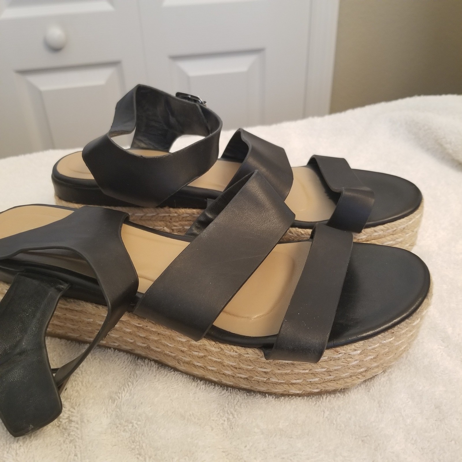 Womens Black Multi Strap Espadrille Platform Sandals Ankle Strap Flatforms Sz 8