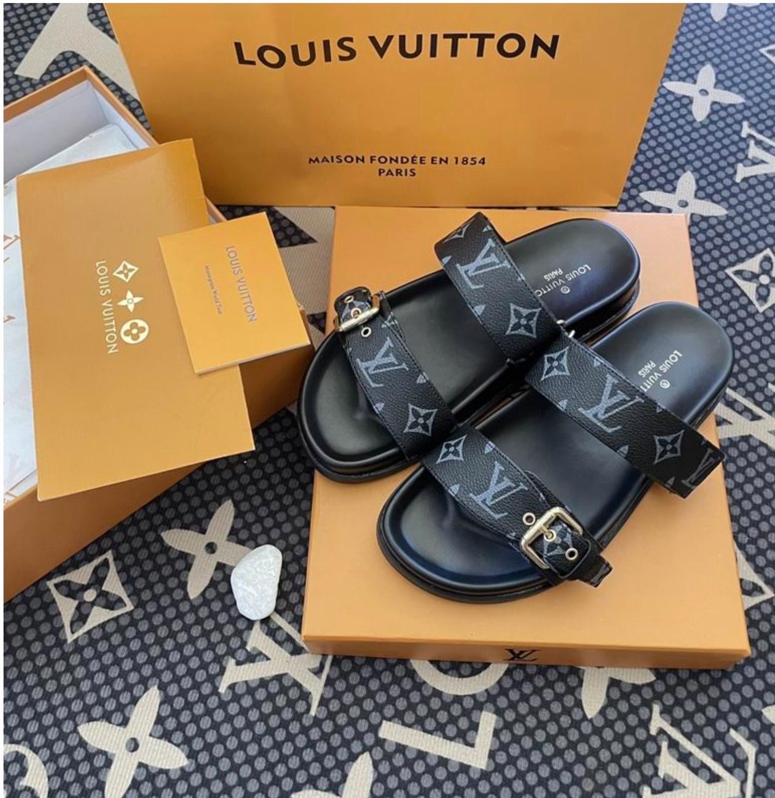 Louis Vuitton Black Monogram Logo Slide Sandals w/ Buckle Adjustable Strap