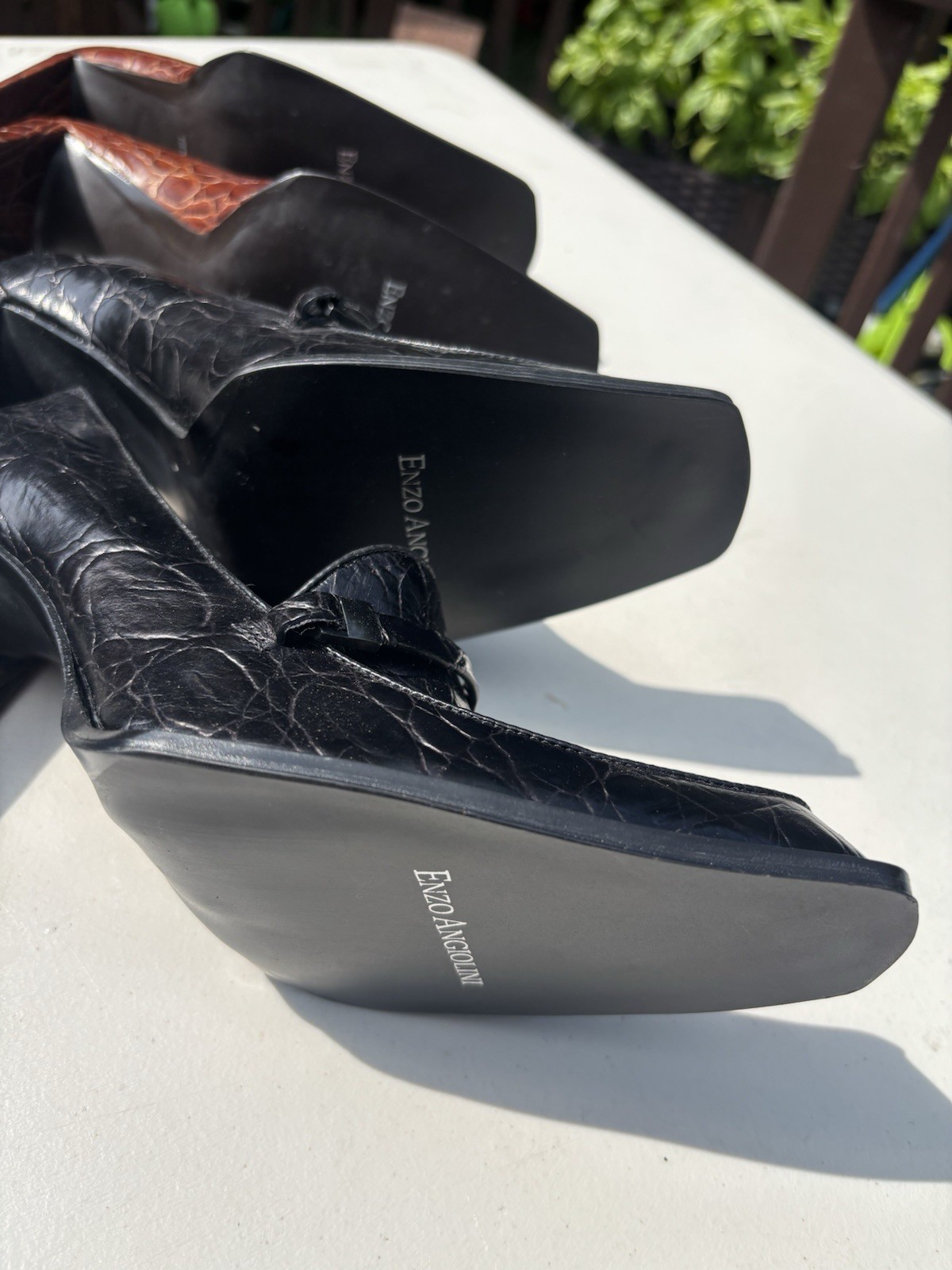 Enzo Angiolini Brown/Black Leather Croc Square Toe Block Heel Pumps 10. Two Pair