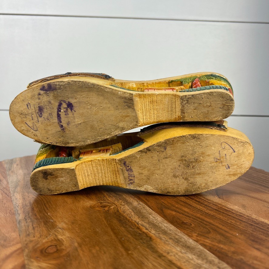 Vintage 1940s WWII Philippines Bakya Hand Carved Painted Wood Sandals Shoes