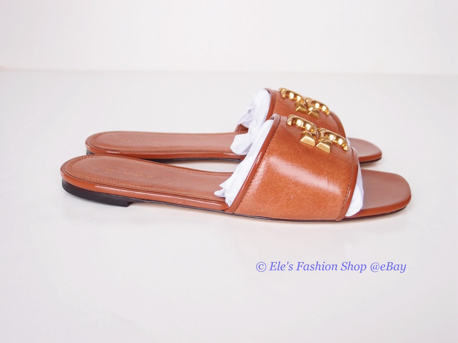 NIB Tory Burch Eleanor Leather Slides Bourbon Brown Tan US 8 8.5 9 AUTHENTC