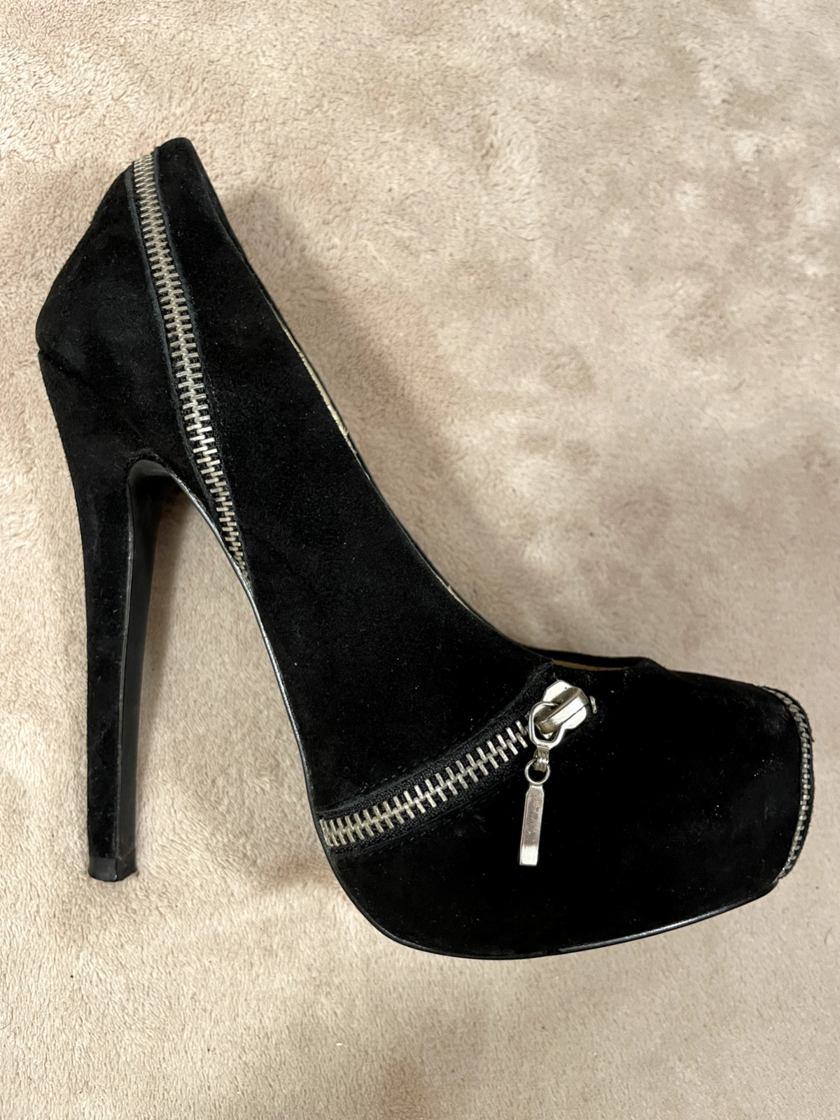 COLIN STUART STILETTOS, Black Suede Zipper Platform 5.5″ Heels Size 7.5 B