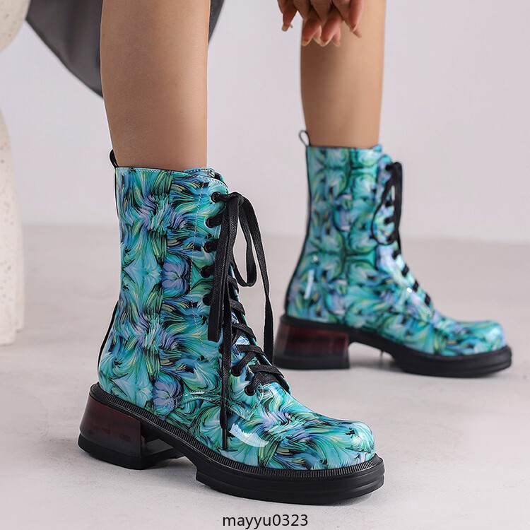 Women’s Mid Cuban Heel Ankle Boots Knight Printed Casual Lace Up Winter Shoes