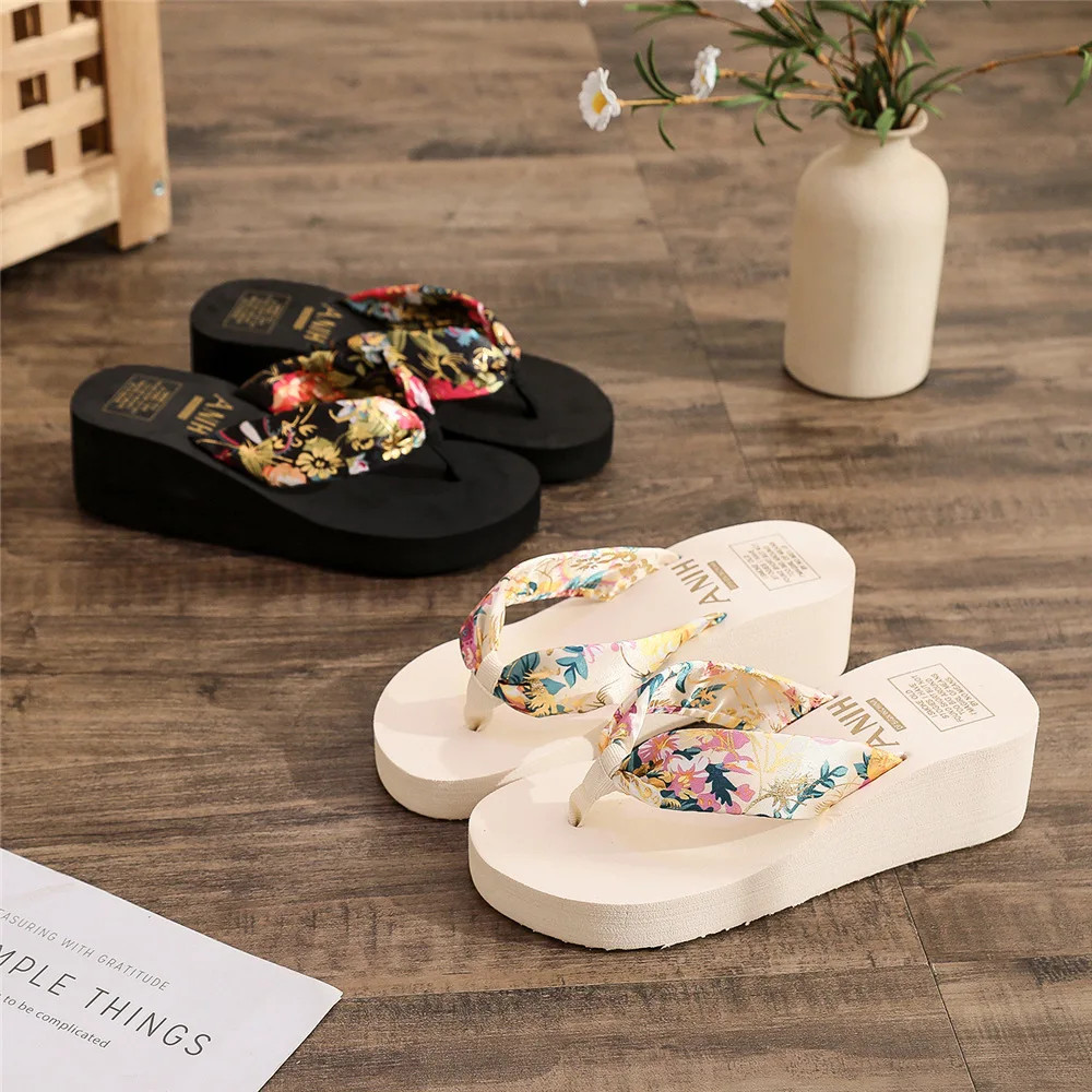 Women Summer Wedges Slipper Bohemian Satin Ribbon Female Flip Flop Ladies Beach