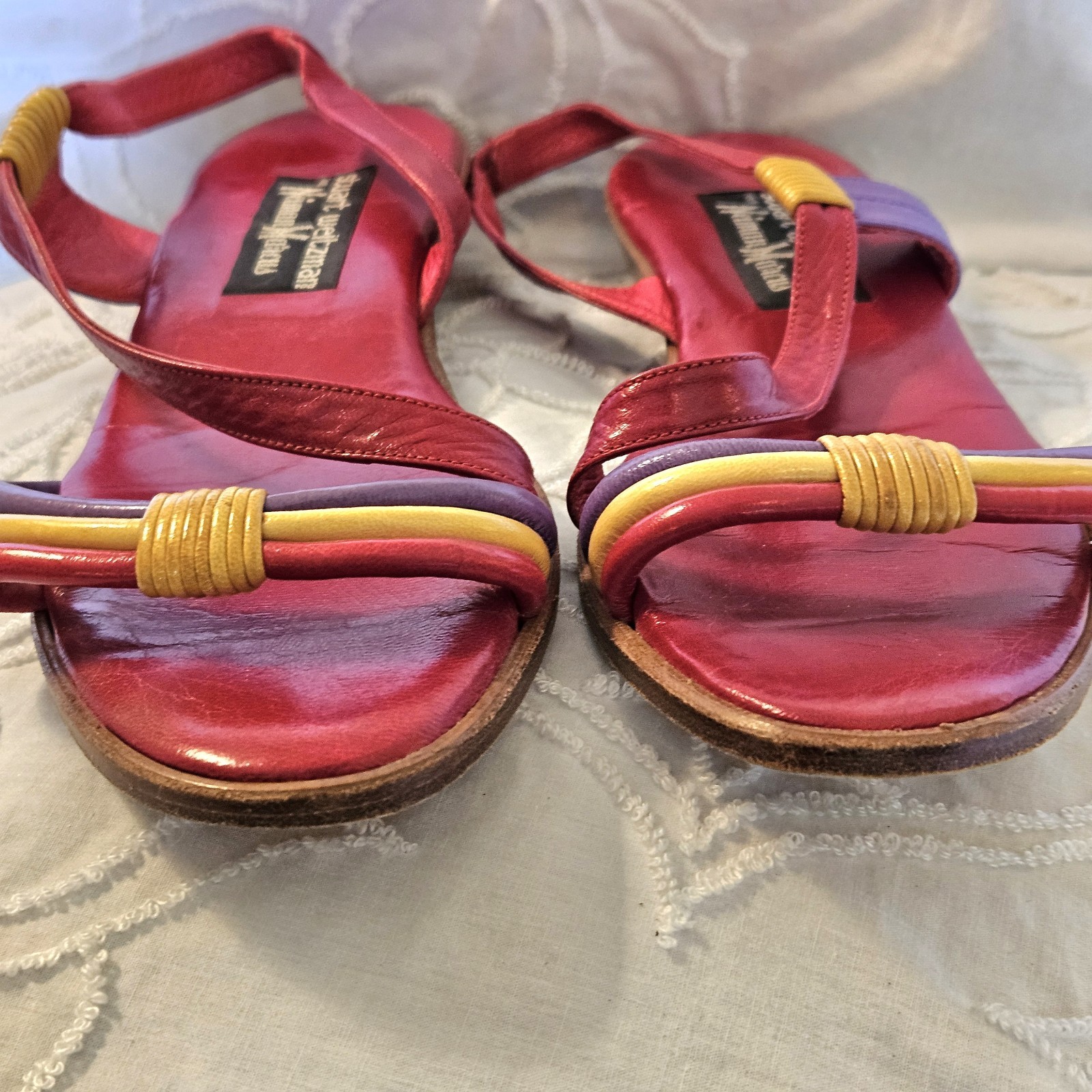 Vintage Stuart Weitzman Sandals Womens 9AA Red Leather Multicolor Strappy Sling