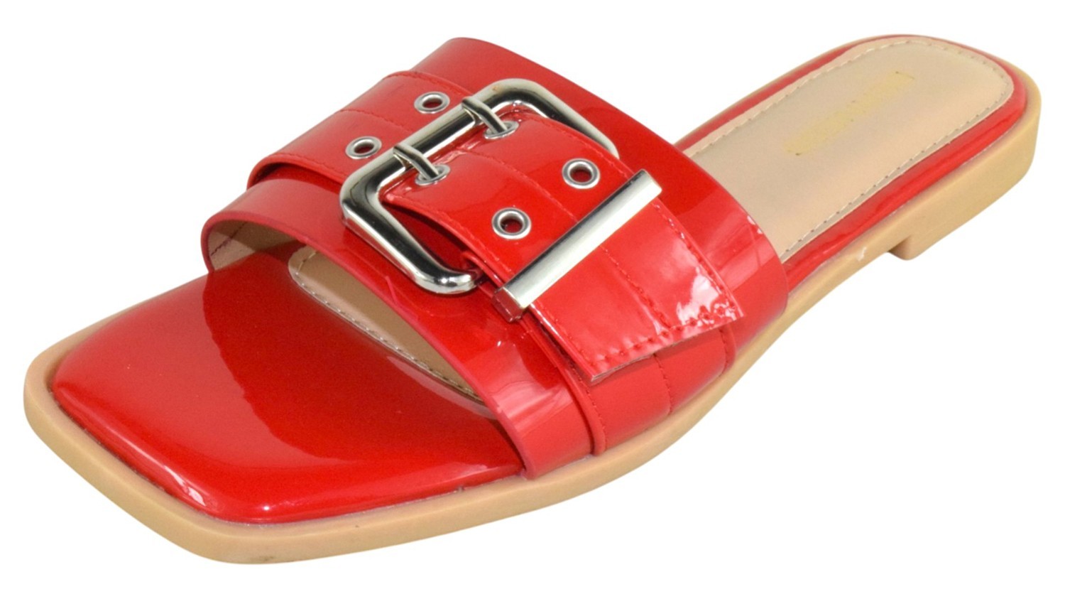 Berness Women Slide Sandals Metal Eyelet Buckle Strap Cushioned TRACE Hot Red
