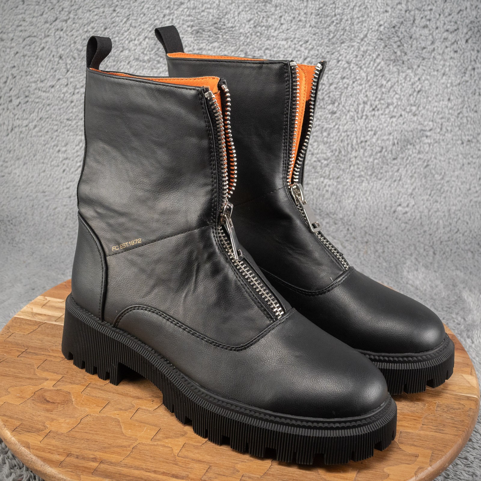 French Connection Julie Zip Front Black Combat Boots Size 8