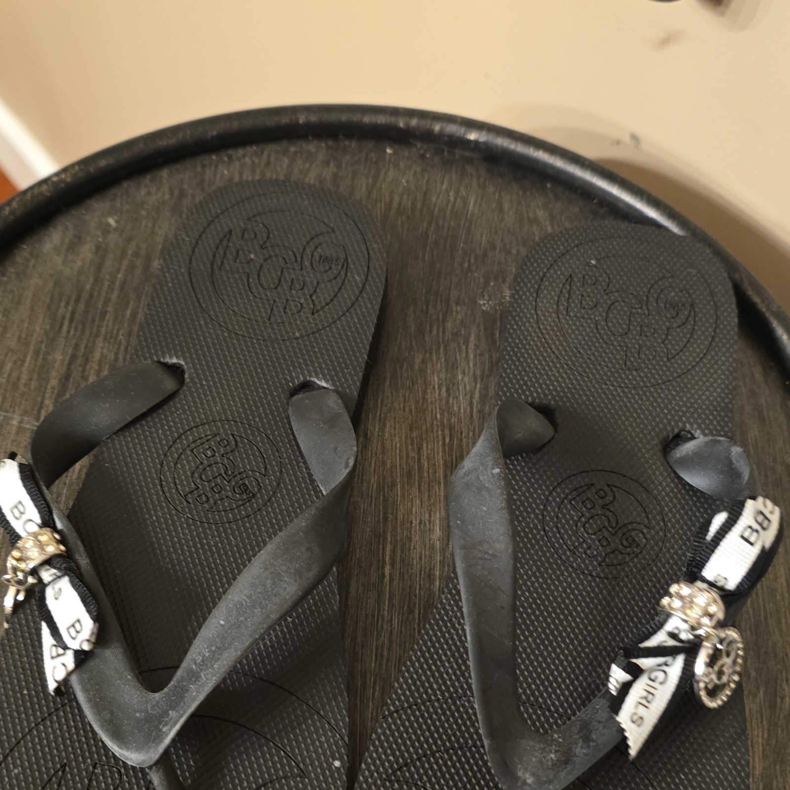 BCBG Black Bow Beaded Logo Straps Slip On Flip Flop Sandals Synthetic Women