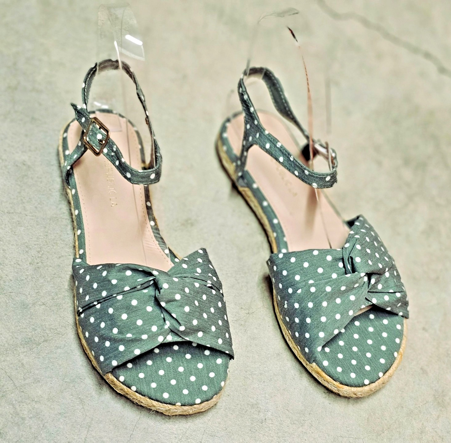 Polka Dot Espadrille Flat Sandals With Knot Detail & Adjustable Ankle Strap