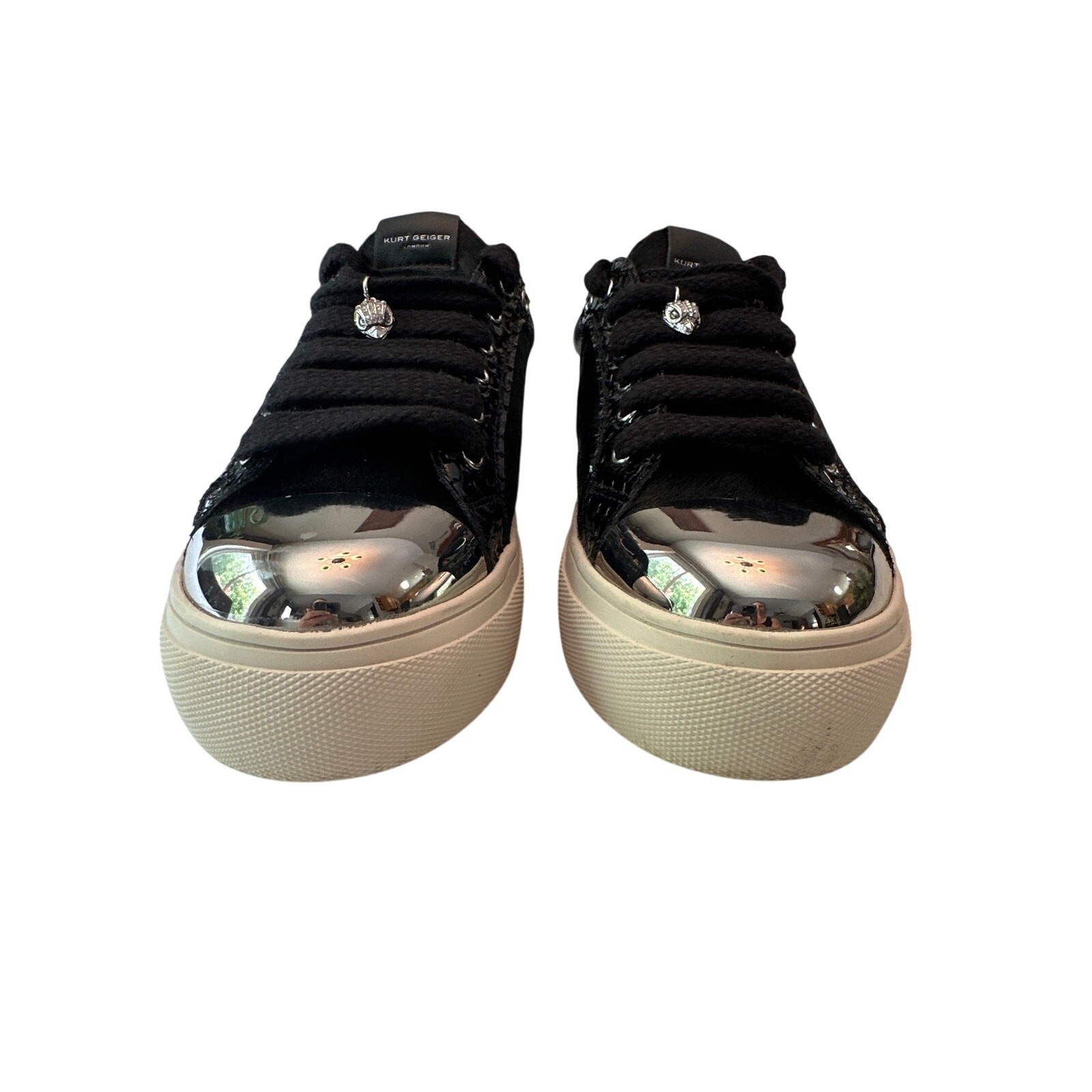 Kurt Geiger London Lana Black Calf Hair Metallic Cap Toe Platform Sneakers 12