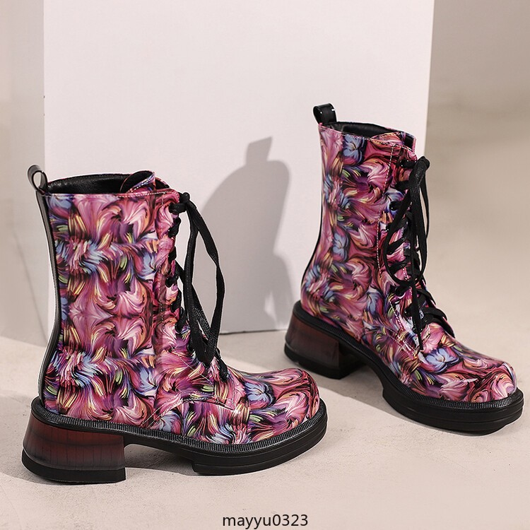 Women’s Mid Cuban Heel Ankle Boots Knight Printed Casual Lace Up Winter Shoes