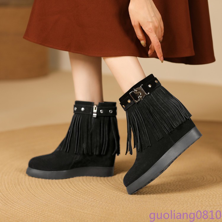 Women’s Suede Leather Ankle Boots Rivet Tassels Hidden Wedge Shoes Comfort Chic