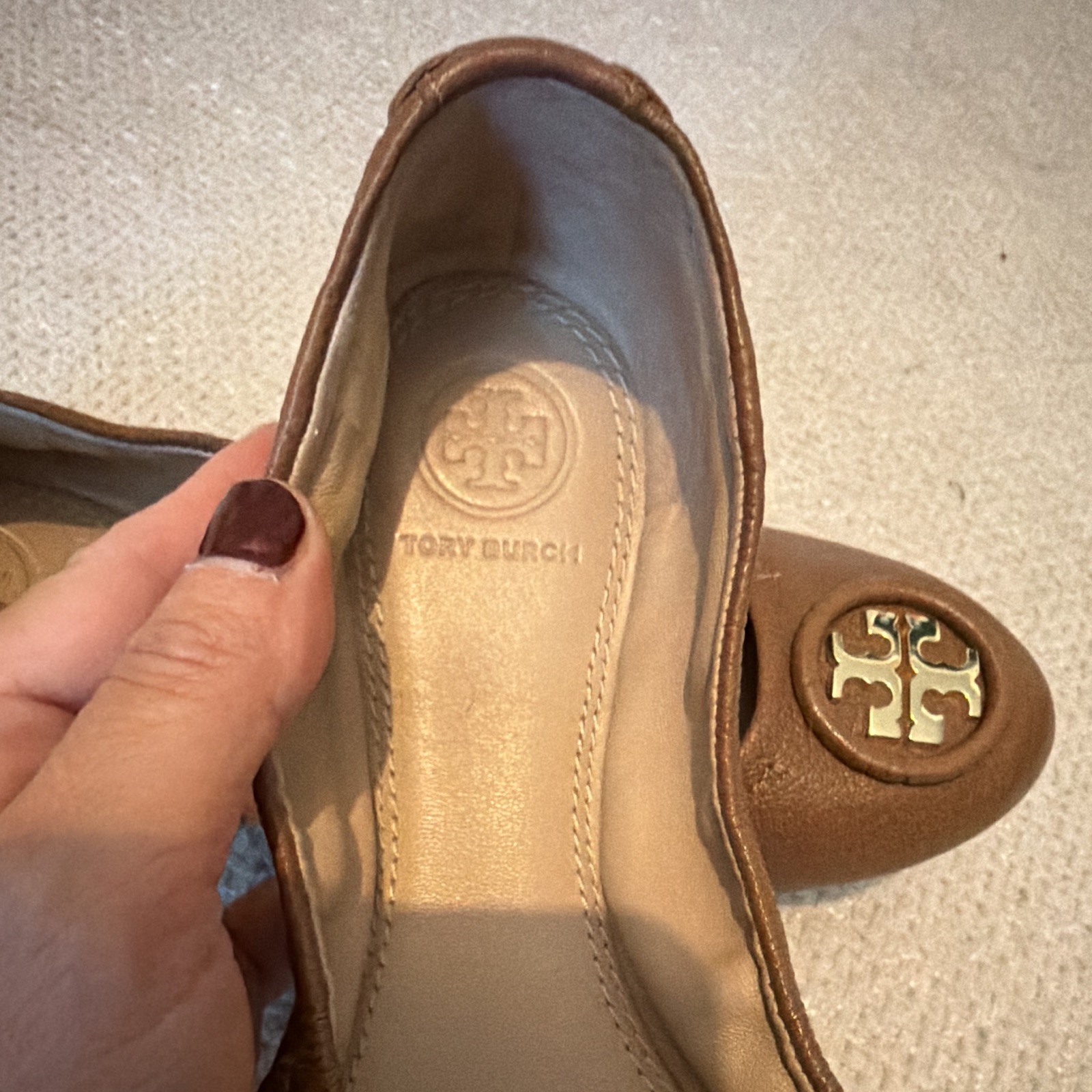 Tory Burch Leather Ballet Flats Brown/Gold Logo Round Toe Slip-On Women’s
