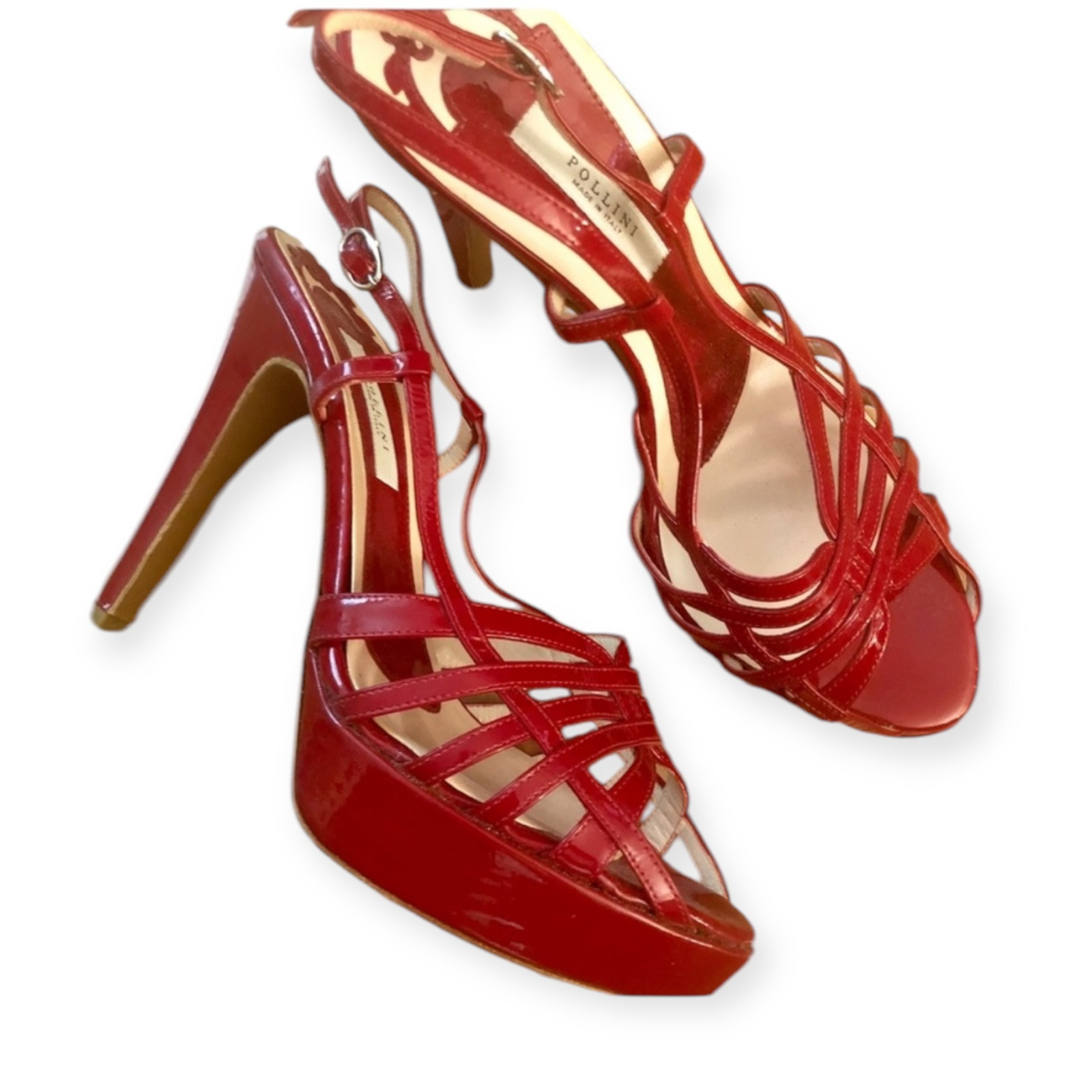 POLLINI Italy Red Patent Leather Sexy Sling Back Open Toed Stiletto Heels, 37/7