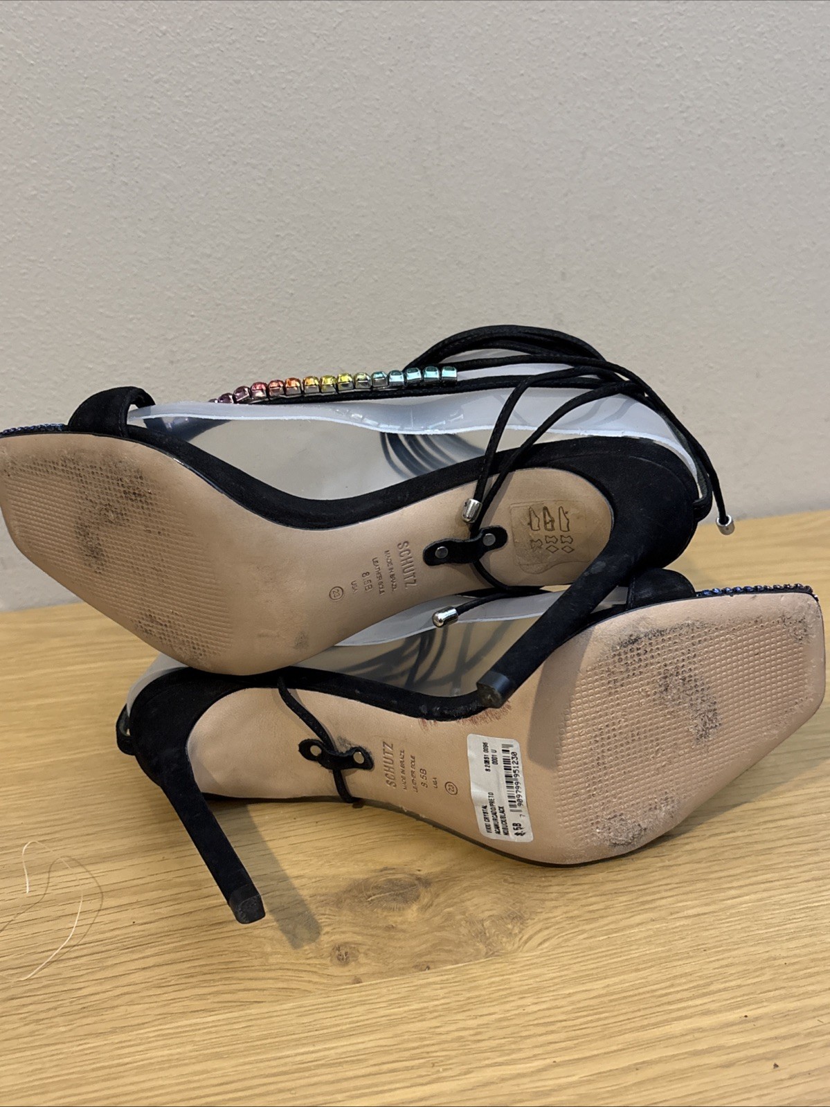 Schutz Vikki Crystal Strappy Heels Sandals Black Suede Rainbow Sz 8.5
