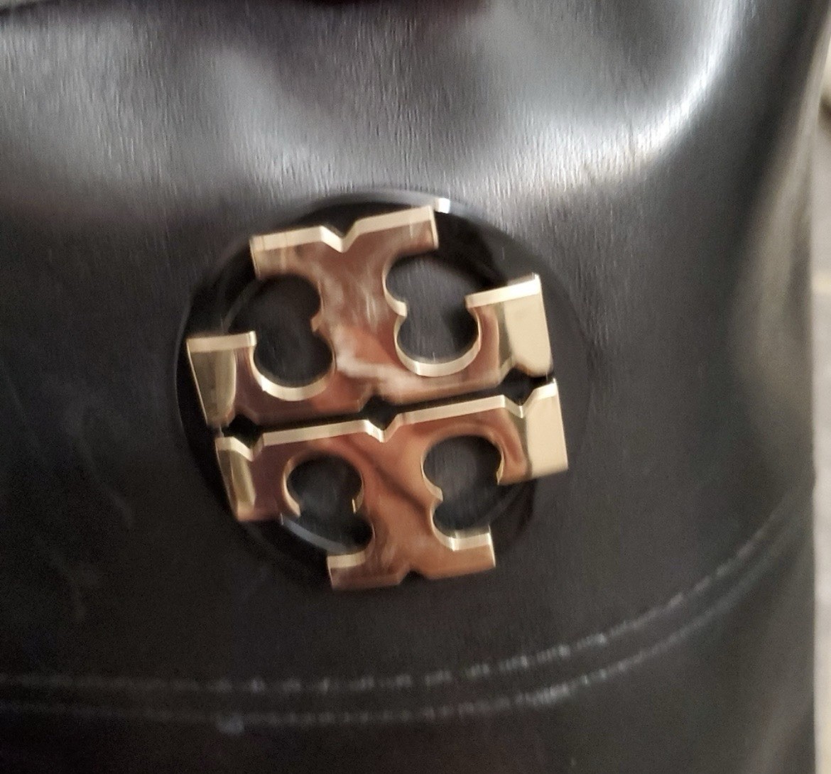 Tory Burch Black Leather Knee High Riding Boots Logo Buckle Zipper Side Zip
