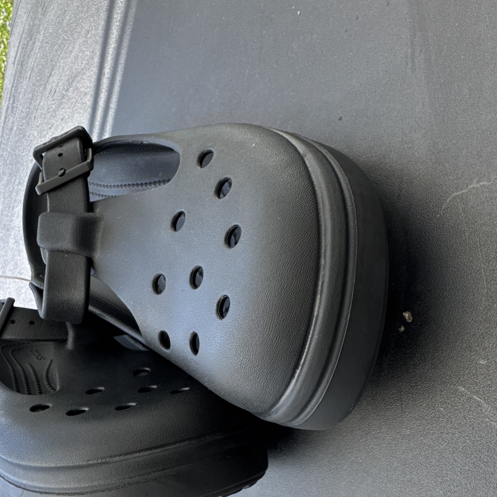 Crocs Women’s Black Mary Jane Platform Sandals Buckle Strap Plastic Logo