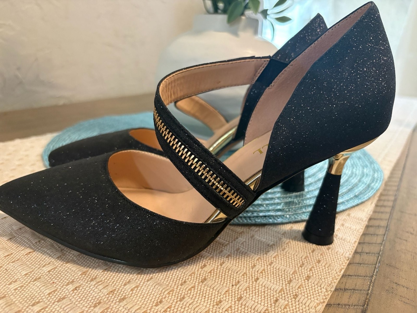 FINDVELL Black Shimmer Pumps with Decorative Zipper Strap Gold Accent Heels