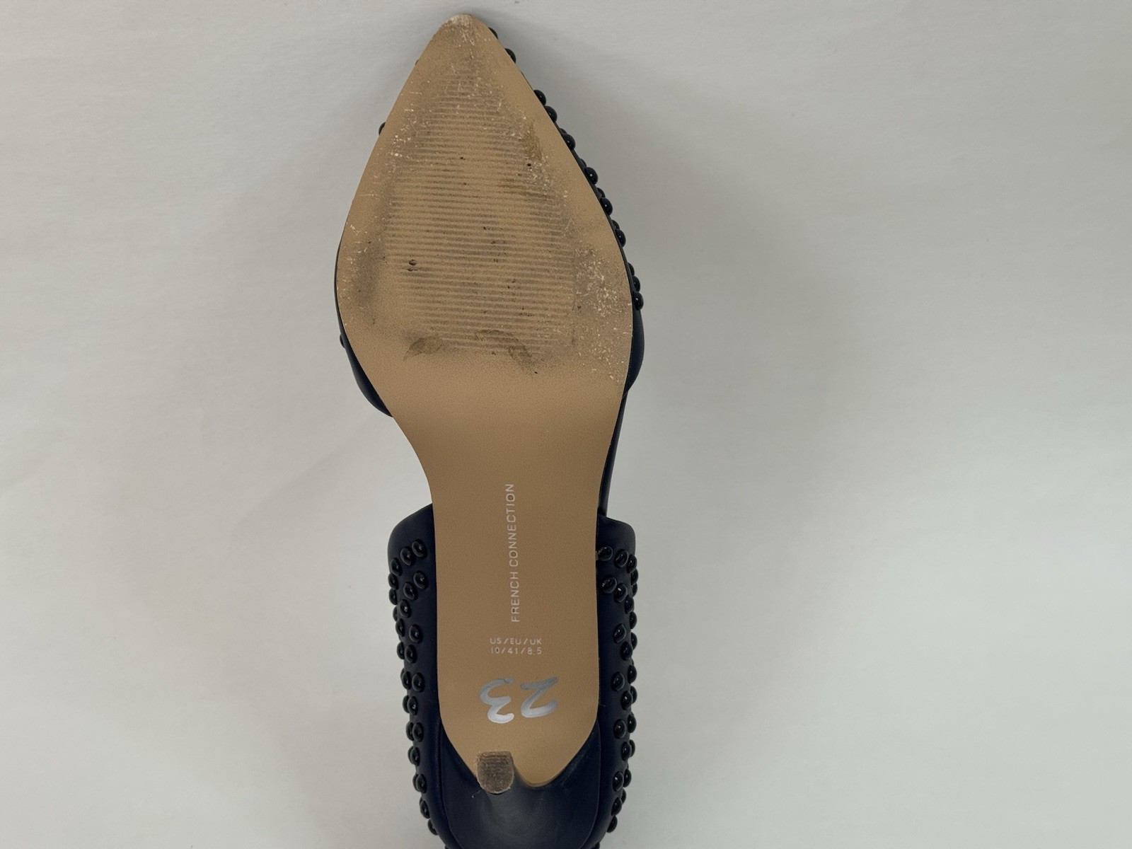 French Connection Shoe Womens Black Vegan Leather Pump Pearl Studded Heels Sz 10