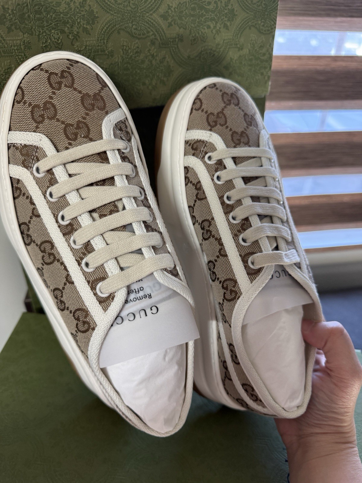 Gucci women’s Brown/Beige/White GG Monogram Low Top Lace Up Athletic Sneakers