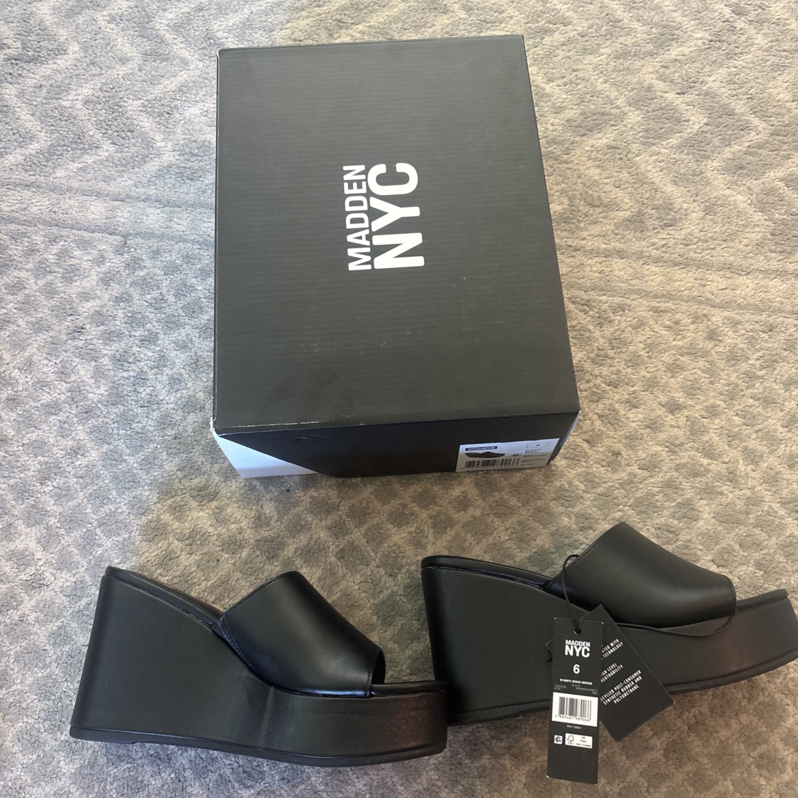 Madden NYC Women’s Black Solid Logo Wedge Slide Slip On Sandals Open Toe 6