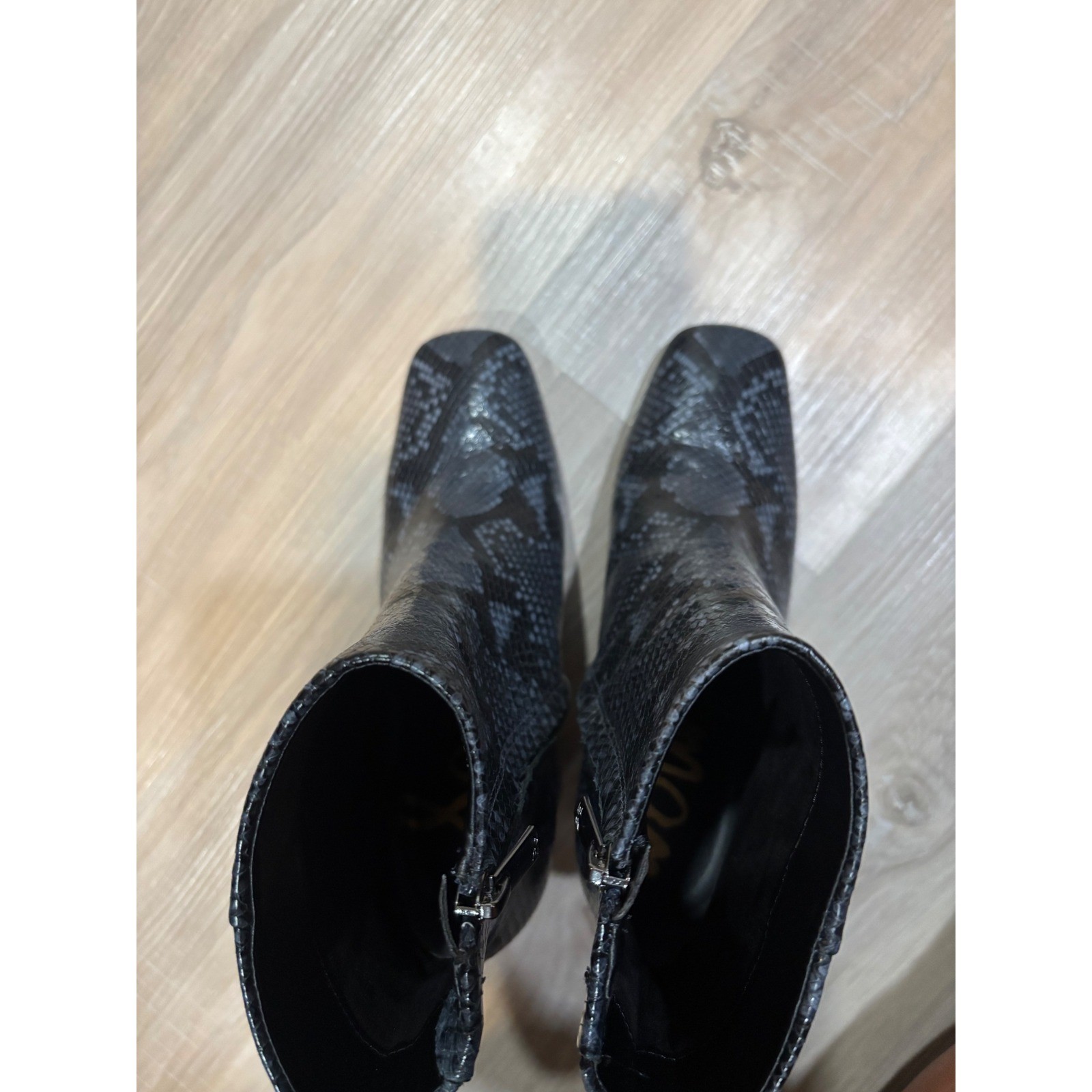 Sam Edelman Grey Black Snakeskin Embossed Square Toe Block Heel Ankle Boots 6.5