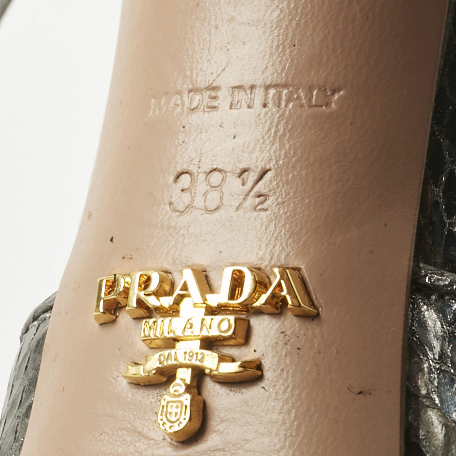 Prada Metallic Silver Python Embossed Leather Ankle Strap Platform Sandals Size