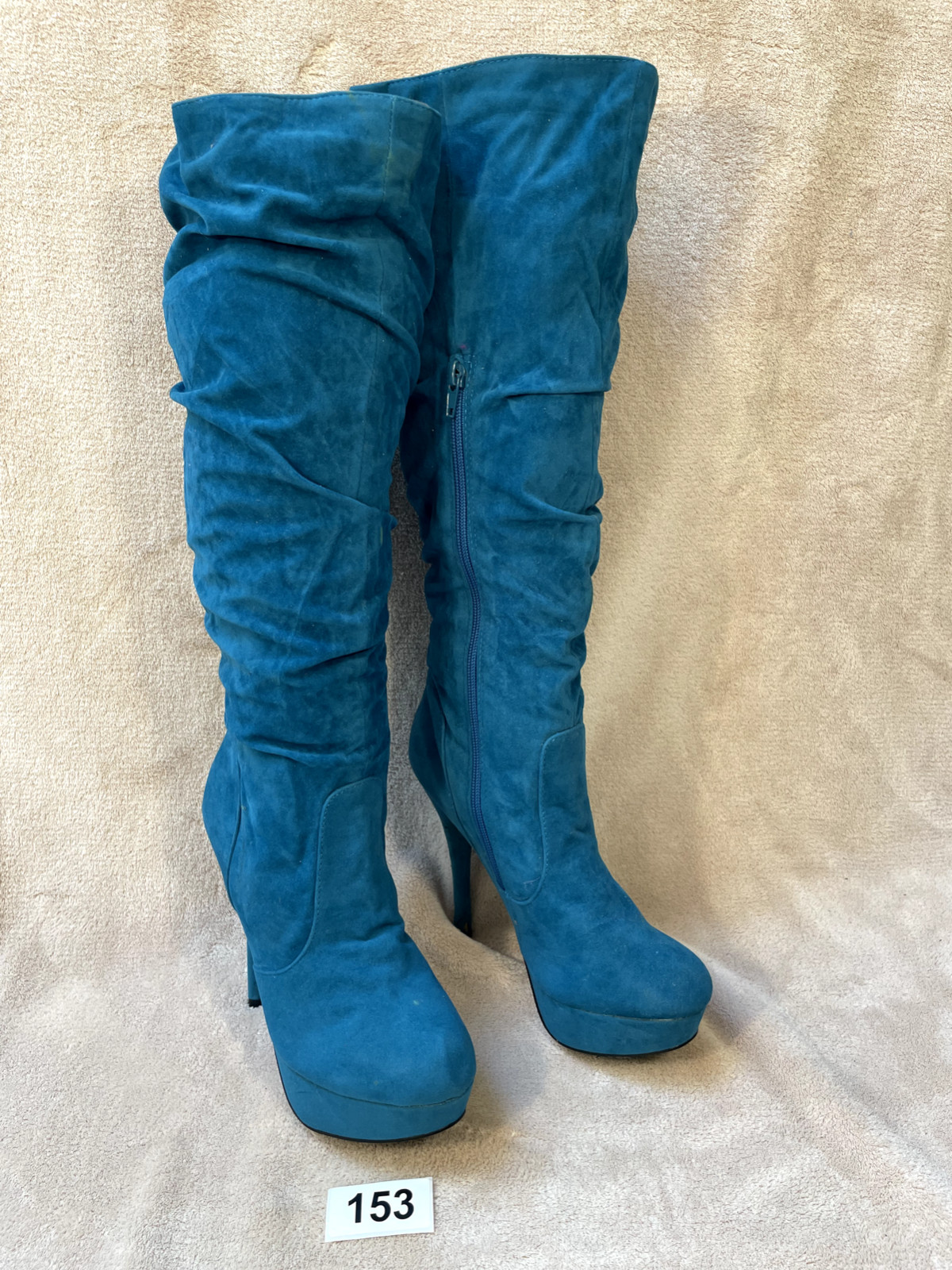 High Heels 18″ Knee-High 5.5″ Platform Stiletto Blue Faux Suede Zipper Sz7 Machi