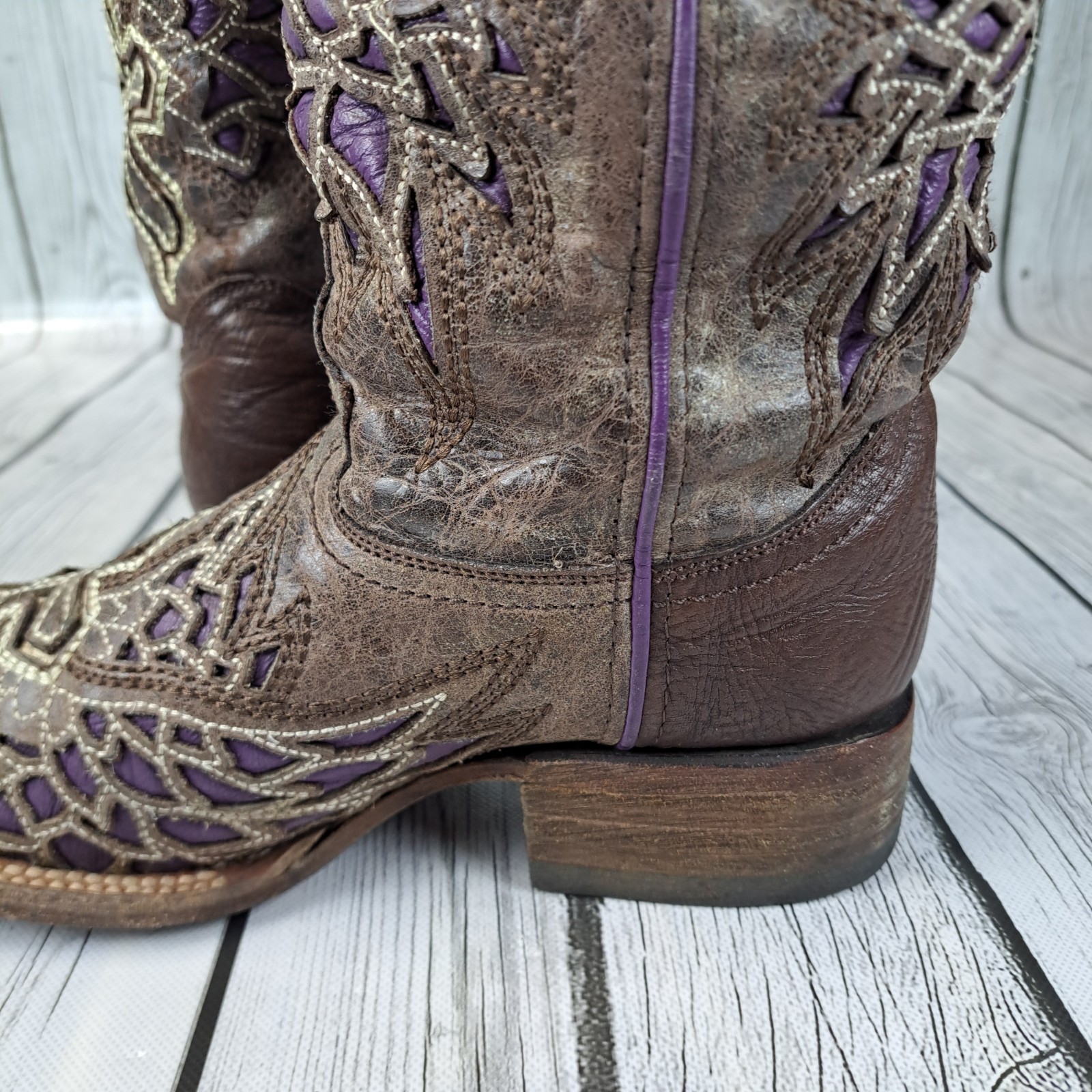 Corral Vintage Cowboy Boots Womens 7 M Brown Purple Angel Wings Cross Leather
