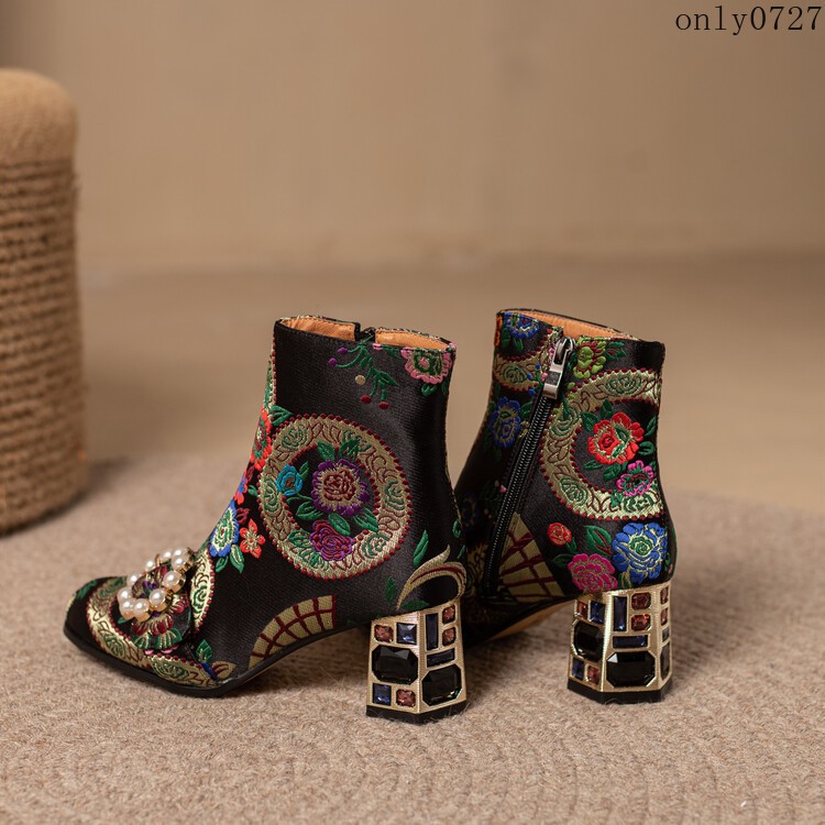 Women’s Ankle Boots Rhinestone Mid Chunky Heel Side Zip Embroidered Shoes Hot