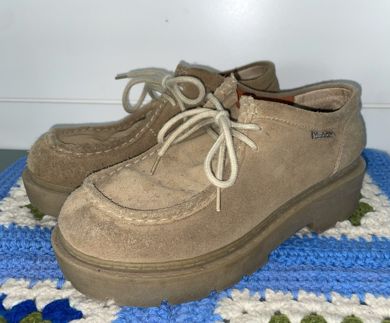 Mudd Sara Shoes Vintage 90s Y2K Chunky Lug Platform Tan Suede Leather Size 7.5